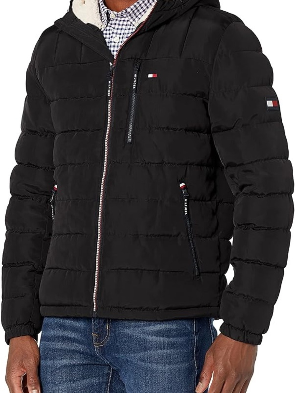 Tommy Hilfiger Men’s Black Quilted Hooded Puffer Jacket with Logo Trim